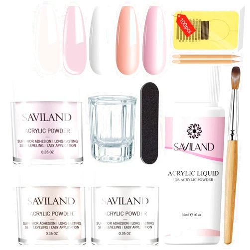 Saviland Acrylic Nail Kit Starter: Clear Pink Nude Acrylic Nail Kit Acrylic Powder & Monomer Acrylic Nail Liquid Acrylic Nail Brush Nail Files Forms Press On Nails Kits Acrylic Set Home Practice