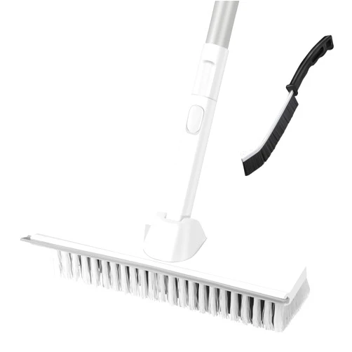 Wlich Floor Scrubbing Brush, 2-in-1 Floor Scrub Brush with Long Handle, Stiff Bristle Brush with Squeegee for Bathroom Shower Indoor Cleaning, Deck Scrubber for Garage,Kitchen,Tile and Wall