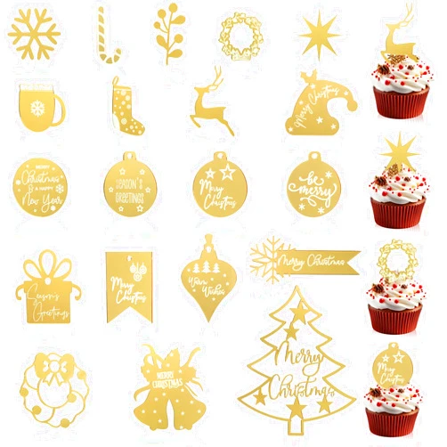 RAYNAG 20 Pieces Christmas Cupcake Toppers Merry Christmas Acrylic Cupcake Topper Christmas Tree Cake Decorations Christmas Gift Round Mirror Engraved Cake Topper for DIY Christmas Party Cake Supplies