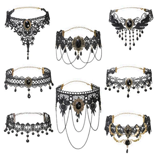Covzoe 8 Pieces Lace Choker Necklace, Elegant Gothic Steampunk Lace Choker, Black Halloween Sexy Jewelry Neck Chain Collar Statement for Women Lady Victorian Wedding Party Cosplay