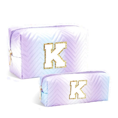 YOOLIFE Initial Makeup Bag - Purple Cosmetic Bags for Women, Personalized Monogrammed Makeup Bag Cosmetic Bag, Travel Toiletry Bag Skincare Bag for Women, Travel Gifts for Women K