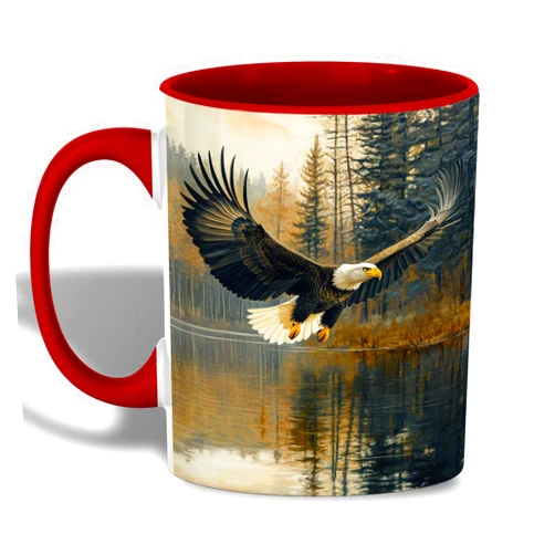 ANOVRA Bald Eagle Ceramic Mug, Majestic Eagle Coffee Mug with Peaceful Lake and Forest Design, Wildlife Gift for Men, Women, Nature and Animal Enthusiasts for Hot Drinks, 11oz Red