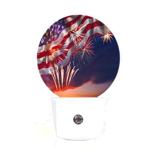 Axayaz USA Flag Firework Night Light Plug Into Wall Waving American Flags Sky Sunset Auto Sensor LED Dusk to Dawn Light for Bedroom Staircase