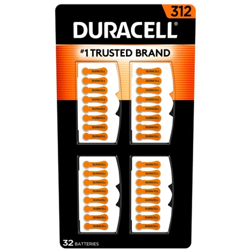 Duracell Hearing Aid Batteries Brown Size 312, 32 Count Pack, 312A Size Hearing Aid Battery with Long-Lasting Power, Extra-Long EasyTab Install for Hearing Aid Devices 312 (Brown) - 32 Count