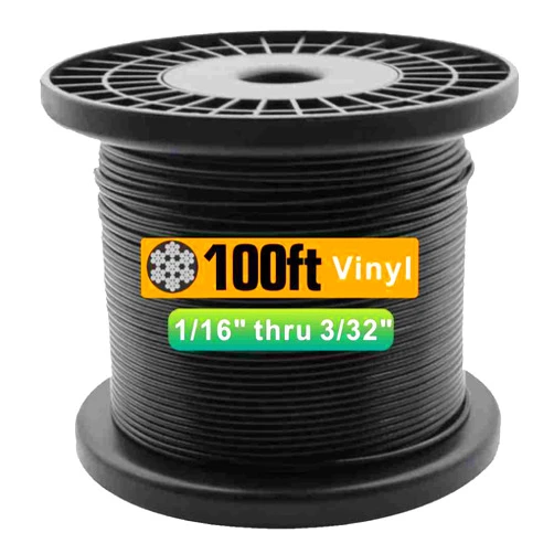 TOYELIU 304 Stainless Steel Black Vinyl Coated Wire Rope,1/16 Inch Overmolded to 3/32 Inch for Globe String Lights Hanging,Outdoor Light Guide Wire(100ft)