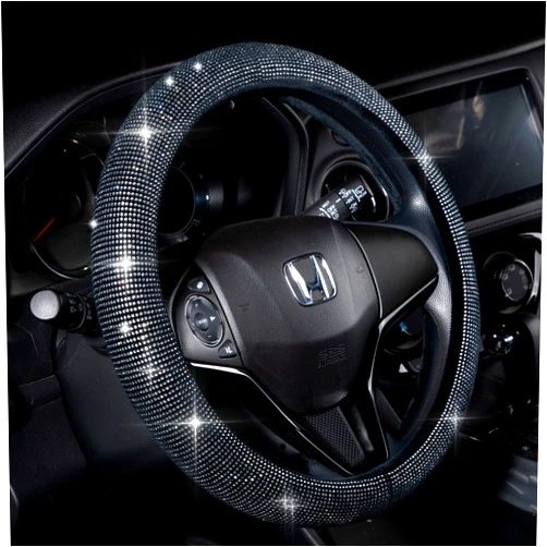 Valleycomfy Steering Wheel Cover for Women Men Bling Bling Crystal Diamond Sparkling Car SUV Wheel Protector Universal Fit 15 Inch (Black with White Diamond,Standard Size(14