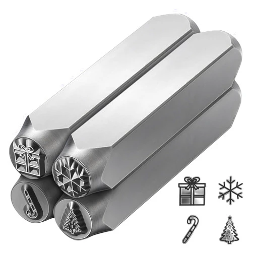 Zonon 4 Pcs 6mm Christmas Metal Stamps Christmas Theme Metal Stamping Kit Christmas Tree Snowflake Gift Box Candy Cane Signature Metal Punch Stamping Kit for Jewelry Leather Wood DIY Stamping Making