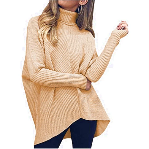 Poetsky Womens Long Sleeve Turtleneck Sweaters Oversized Knit Loose Asymmetrical Hem Pullover Tunic Tops