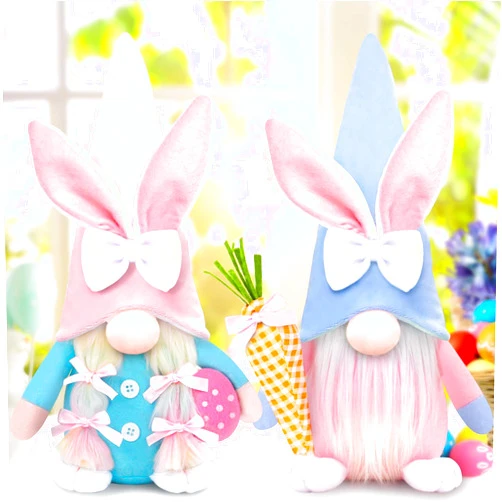 anroog Easter Gnomes Decorations for Home 13inch Gnomes Plush Bunny Hold Easter Eggs Carrots Handmade Gnome Doll Rabbit Gifts Indoor Spring Tired Tray Decor(Set of 2)