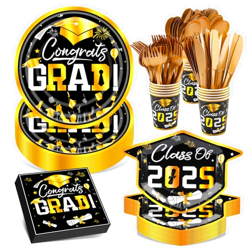 Nuolifee 175Pcs Graduation Paper Plates Set - (Serve 25) with 9inch Dinner Plate,7inch Dessert Plates,Napkins,Cups, Forks,Knives,Spoons for 2025 Graduation Party Supplies (Black and Gold)