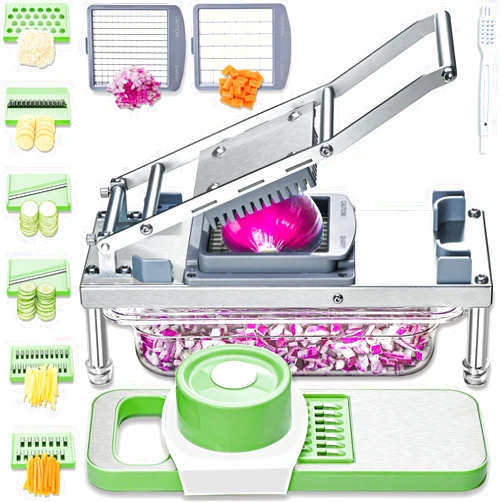 Moeuonb All-in-1 Vegetable Chopper with 8 Blades - Mandoline Slicer - Pro Food Chopper with Container - Veggie Salad Onion Chopper - Potatoe Dicer French Fry Cutter - Cheese Grater - Stainless Steel material