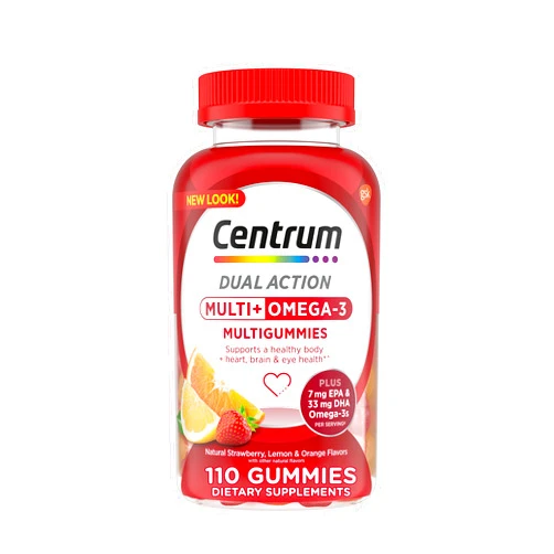 Centrum MultiGummies Multi+ Omega 3 Dual Action, Adult Multivitamin, Multivitamin/Multimineral/Omega 3 Supplement, Strawberry/Lemon/Orange Flavors - 110 Count