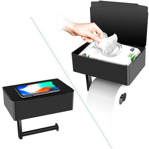 BOSOEI Toilet Paper Holder with Storage, Shelf of Bathroom Toilet Tissue Holder, Toilet Paper Roll Holder, Black Stainless Steel Wall Mount, No Installation & Flushable Wet Wipes Storage