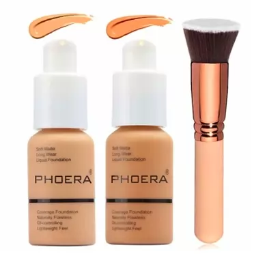 Firstfly 2 Colors Phoera Foundation 104 & 105 Full Coverage Foundation Liquid Makeup with Foundation Brush, Matte Oil Control Facial Blemish Concealer Foundation for Women (104#Buff Beige&105#Sand)