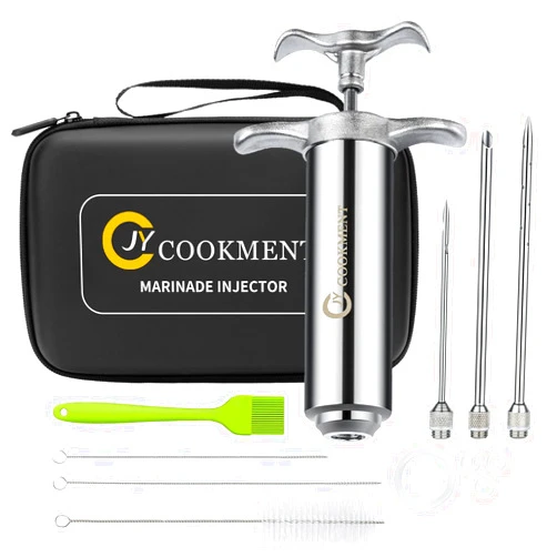 JY COOKMENT Meat Injector Syringe 2-oz Marinade Flavor Barrel 304 Stainless Steel with 3 Marinade Needles, Travel Case for BBQ Grill Smoker, Turkey, Brisket, Paper Instruction and E-book Included by JY COOKMENT