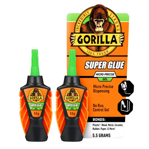 Gorilla Micro Precise Super Glue Gel, Cyanoacrylate Glue, Fast Setting, Precise Dispensing Tool, Anti-Clog Cap, Clear, 5.5g, (Pack of 2)