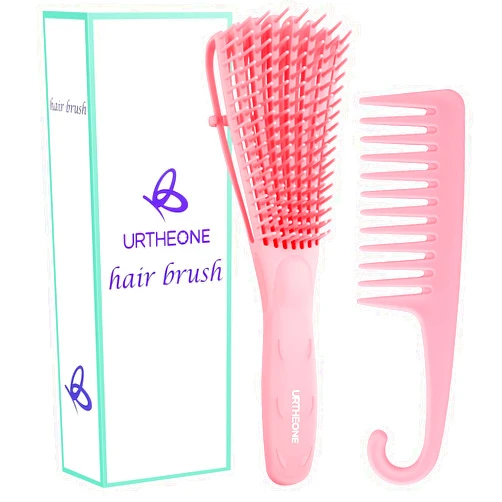 URTHEONE Detangling Hair Brush, Detangling brush for Adults and Kids, Comb Set for Kinky Curly Coily and Wavy Hair, For Wet and Dry Hair, Afro American Type 3a-4c, Comfortable Grip, Easy to Clean(Pink)