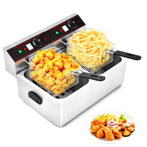 COSTWAY Commercial Deep Fryer, 5000W Electric Countertop Fryer with Dual Large Tanks, 2 Baskets & 2 Lids, Stainless Steel Hot Oil Cooker with Adjustable Temp for French Fries, Chicken, Shrimp & Chip