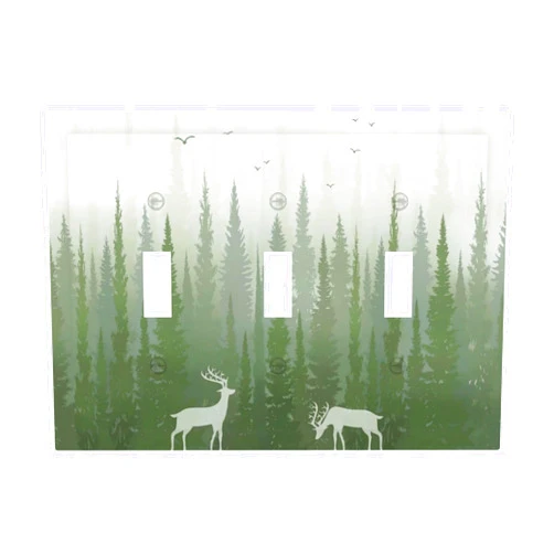 Biondbong Farmhouse Green Pine Tree Deer Country Decorative Outlet Light Switch Cover Triple Toggle Device Wall Plate 3 Gang Electrical Faceplate for Bathroom Home Decor Accessories 6.7