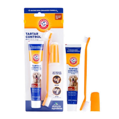 Arm & Hammer for Pets Tartar Control Kit for Dogs | Contains Toothpaste, Toothbrush & Fingerbrush | Reduces Plaque & Tartar Buildup | Safe for Puppies, 3-Piece , Beef Flavor