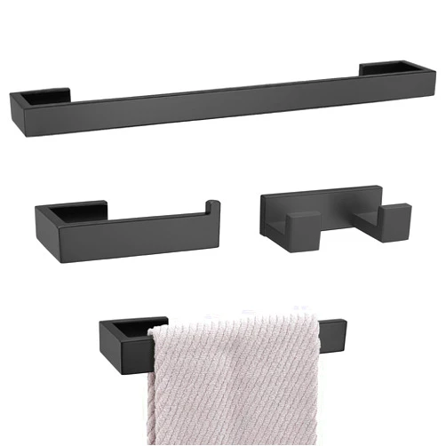 Lairuier Bathroom Hardware Accessories Set, 4-Piece Bath Towel Bar Set SUS304 Stainless Steel Bathroom Hardware Set, 23.6 inches Bathroom Towel Holder Set Wall Mounted Matte Black