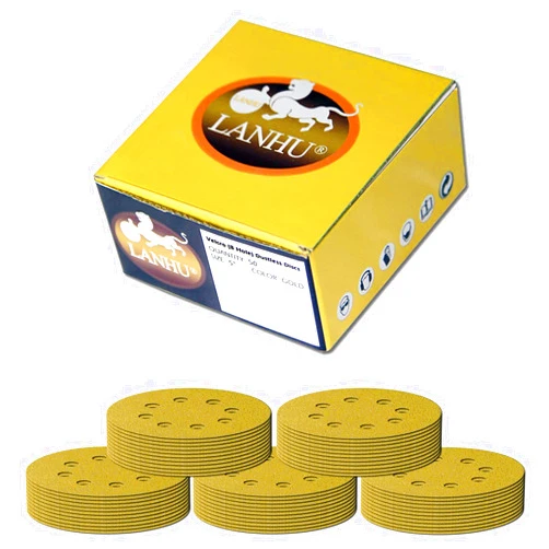 LANHU, Premium 5 Inch Gold Sanding Discs - 60 Grit (Box of 50) - 8 Hole Pattern Dustless Hook & Loop Backing Sandpaper for DA Sanders, Aluminum Oxide Abrasive - Sand Automotive Paint, Woodworking Wood