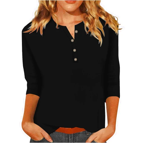Generic Summer Shirts for Women,Women's Casual 3/4 Sleeve Floral Blouses Button down Shirts V Neck Dressy Tunics Tops