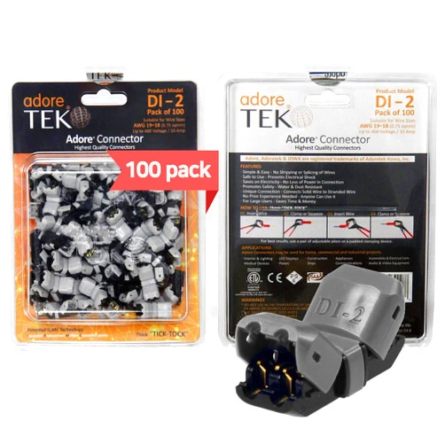 Adoretek Dual-Type Wire Connector [DI-2] NO Need to Peel NO-Splice NO-Tape and Water Resistant Easy Fast and Safe Electrical Insulated Wire Terminals AGW 19~18 (0.75 sqmm) 10A [100 PCS]