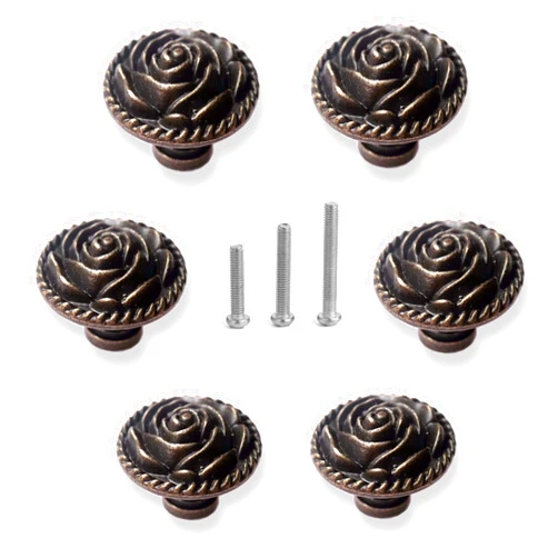 Perphin Vintage Rose Cabinet Knobs, Antique Bronze Cupboard Dresser Door Pull Round Zinc Alloy Knob Flower Drawer Handles with 3 Sized Screws for Furniture Kitchen Cupboard Closet Wardrobe (6 Pack)