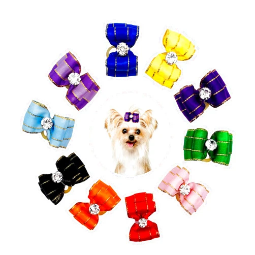 JpGdn 20Pcs/10pairs Small Dog Hair Bows with Rubber Bands and Rhinestone Puppy Hair Bows for Small Medium Girls Boys Doggy Cat Pets Hair Purple Pink Blue Knot Flower Grooming Accessories Attachment