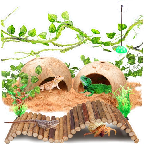 QUOZUO Crested Gecko Tank Accessories, Reptile Climbing Vines Hanging Plants with Coconut Shells Bridge Hideout Hermit Crab Decor for Bearded Dragon Lizard Chameleon Gecko Turtle Snake