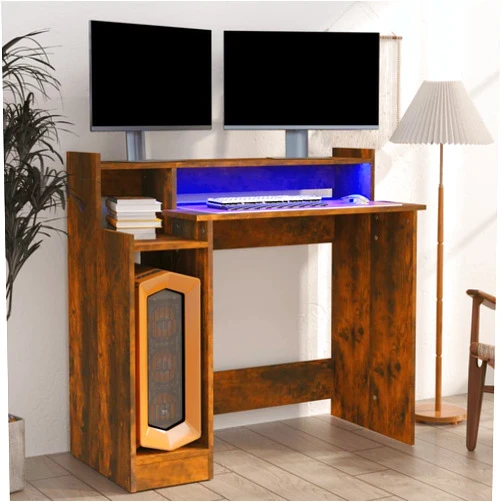 Generic Caeciliatima Rustic Oak Wood Grain Finish Wooden Writing Desk Computer Desk LED Top Shelf Side Double Open Copartment Footrest