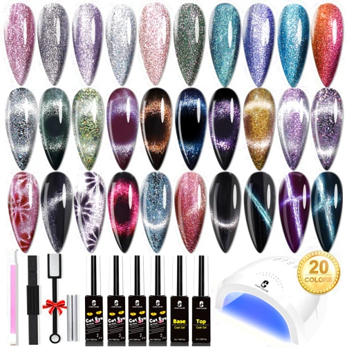Clara Colors Cat Eye Gel Nail Polish Set with UV Light 20 Colors Magnetic Nail Polish Holographic Glitter Galaxy Series Cat Eye Gel Polish Kit with 4 Magnet, Black White Base Gel and Base Top Coat Gel