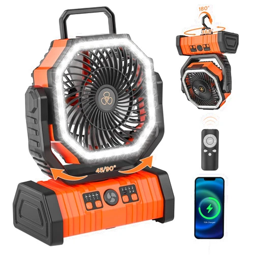 Neofeel Rechargeable Camping Fan with LED Lantern, 20000mAh Auto-Oscillating Battery Operated with Remote/Hook/Timer, 8” Portable Fan for Picnic, Fishing,Tent, RV, Power Outages, Hurricane(Orange)