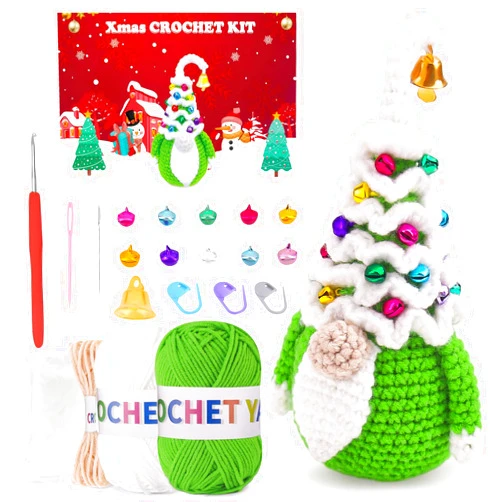 ULGAI Beginner Christmas Tree Gnome Crochet Kit, Learn How to Crochet Kit, Easy Santa Gnome Crochet Starter Kit, Crochet Christmas Decoration DIY Craft Kit Gift