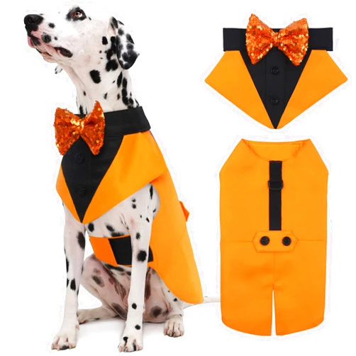 Kuoser Dog Tuxedo Dog Suit and Bandana Set, Pumpkin Color Dog Thanksgiving Outfit Adjustable Dog Halloween Costume with Bow Tie for Large Medium Small Dogs Golden Retriever Samo Bulldogs, XL