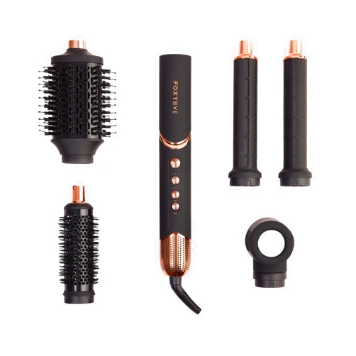 FoxyBae Super Styler Pro Interchangeable 5 in 1 Hair Styler Wand Curling Iron Set - w/Drying Cylinder, Ceramic Blowout & Round Brushes, 2 Auto-Wrap Curlers - Frizz-Free, Smooth Hair [Black Rose-Gold]