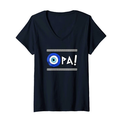 The Greek Key Merch Soulz Womens Opa Expression Greek Evil Eye Design Greek Key Print Opa V-Neck T-Shirt