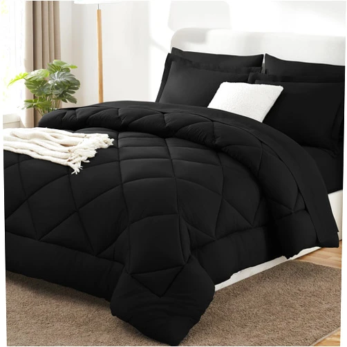 CozyLux Queen Comforter Set with Sheets 7 Pieces Bed in a Bag Black All Season Bedding Sets with Comforter, Pillow Shams, Flat Sheet, Fitted Sheet and Pillowcases