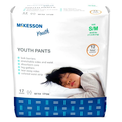 McKesson Youth Pants, Overnight Pediatric Pull Up Pants for Boys or Girls, Disposable Training Pant, 12 Hour Protection - Size Small/Medium, 38-65 lbs, 17 Count, 1 Pack, White