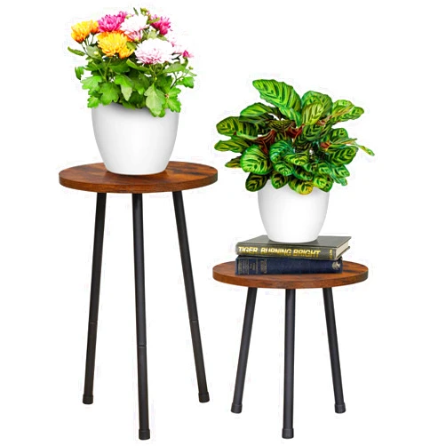 YENGOTH 2 Pack Indoor Plant Stand, Mid-Century Wooden Style Plant Holder, Indoor Outdoor Flower Stand,Small Round Table, Two Different Sizes(Black)