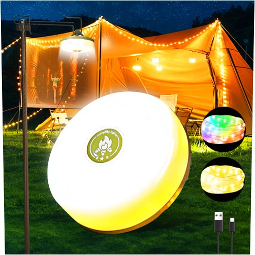 Wellgium Camping String Lights,Camping Essentials Gear 32.8FT Lamp Lights Waterproof, 4 in 1 Outdoor String Lights with 8 Modes for Awn Tent Yard Garden Hiking Travel Decoration and Holiday Christmas Gift