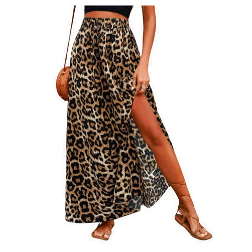 SweatyRocks Women's Boho Leopard Print Split Long Skirt High Waist A Line Skirts with Slit
