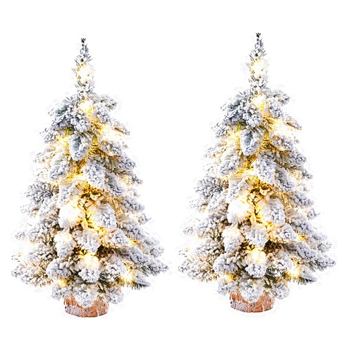 PRTECY 2 Pcs Prelit Tabletop Christmas Tree Snow Flocked Christmas Tree with Led Lights Wood Base Mini Xmas Pine Tree for Table Desk Home Christmas Decor