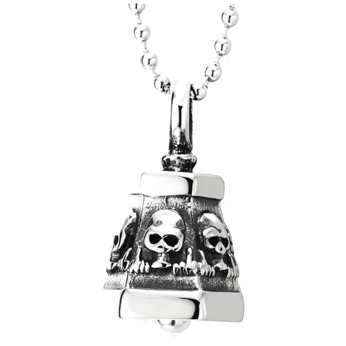 COOLSTEELANDBEYOND Mens Stainless Steel Skull Bell Pendant Necklace Gothic Punk Biker Style with Bead Chain
