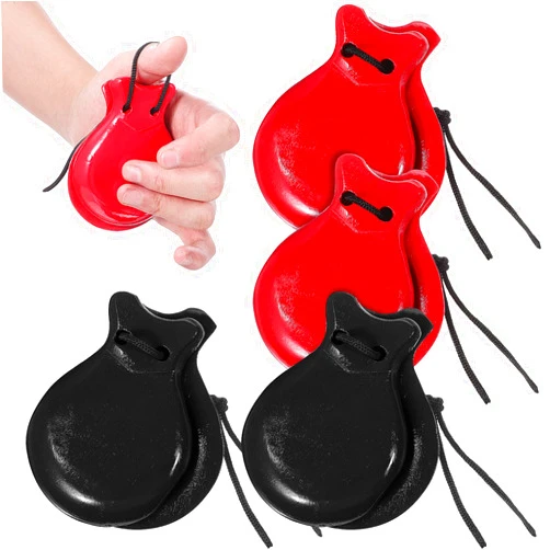 Vaguelly Spanish Castanets, 2 Pairs Flamenco Dance Castanets with String, Wooden Percussion Orff Music Instrument for Adults, Kids, red+black