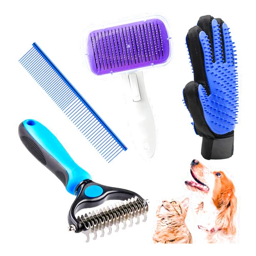 Crafterlife Dog Grooming Kit with Self Cleaning Slicker Brush, Pet Hair Remover Massage Gloves, Shedding Dematting Steel Comb for Long & Short Haired Cats Dogs, 4 Count