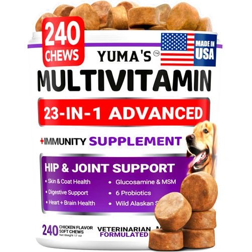YUMA'S Dog Vitamins and Supplements - 240 Treats - Dog Multivitamin Chewable with Glucosamine - Senior & Puppy Multivitamin for Dogs - Hip & Joint Support - Immune Health, Skin, Heart, Digestion, Probiotics