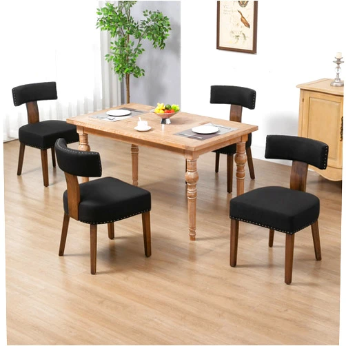 WQSLHX Mid-Century Modern Dining Chairs Set of 4, Farmhouse Kitchen Dining Room Chair Set with Nailhead Trim & Wood Frame, Armless Accent Side Chair for Living Waiting Room, Black Linen Upholstered