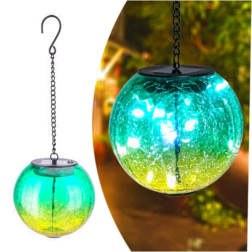 Wonder Solar Hanging Solar Lights Outdoor Solar Lanterns Outdoor Decorative Cracked Glass Ball Lights Solar Powered Waterproof LED Globe Lantern for Outdoor Porch Patio Garden Decor Gift Green